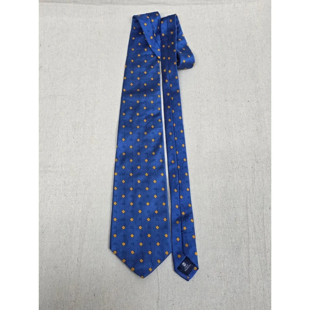 Nordstrom Mens Blue Italian Silk Tie Gold‎ Geometric Basketweave Dot Pattern
